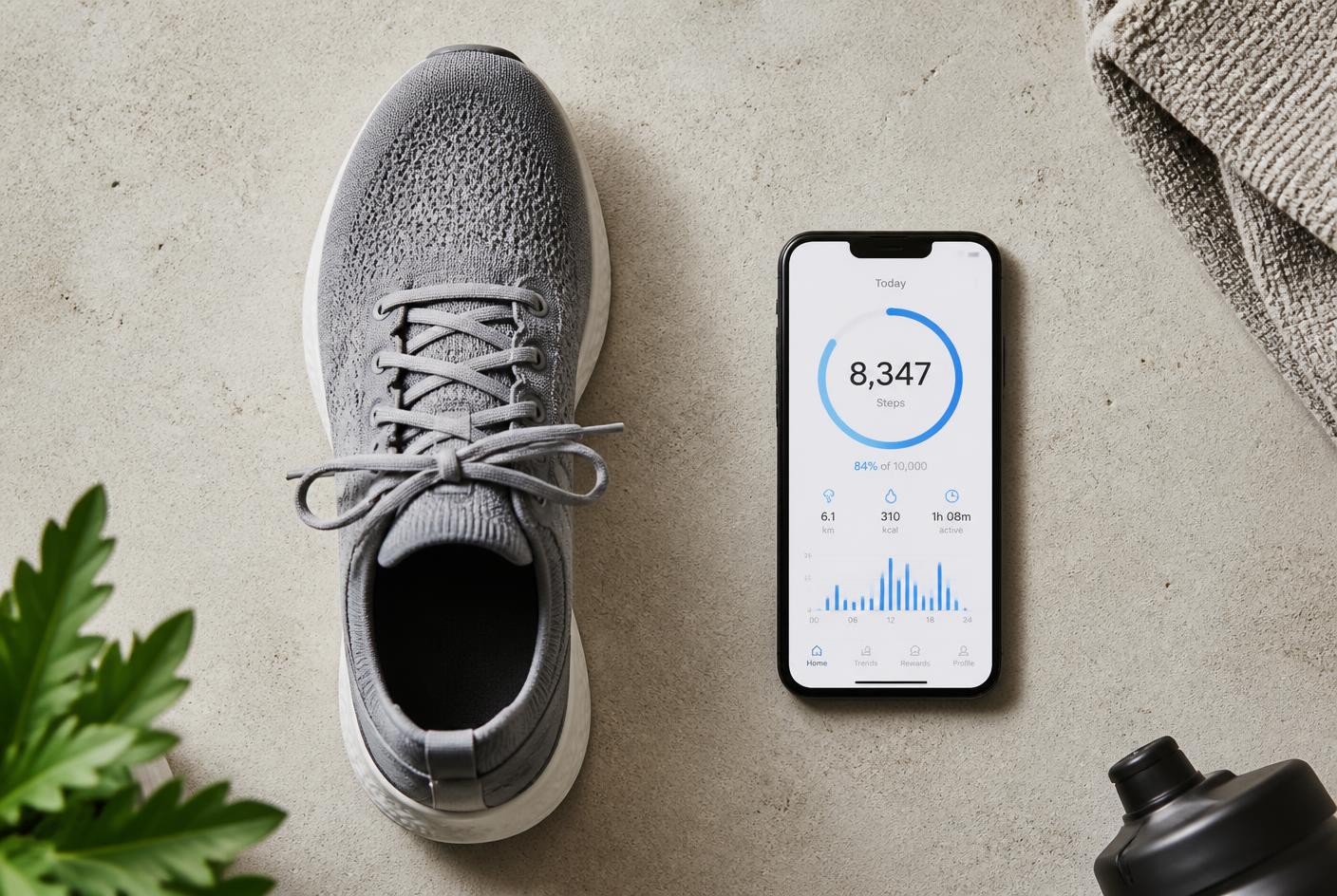 La chaussure intelligente posée à côté d'un smartphone affichant le décompte de pas de la journée